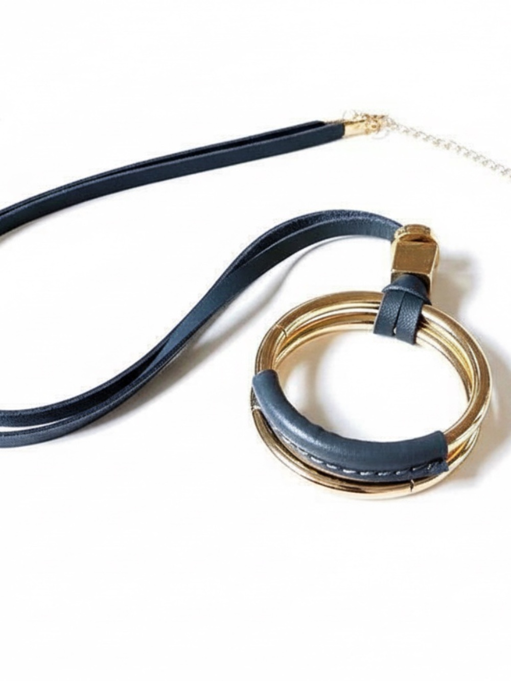 Boho Womens Gold Tone Double Ring Blue Leather Pendant Necklace